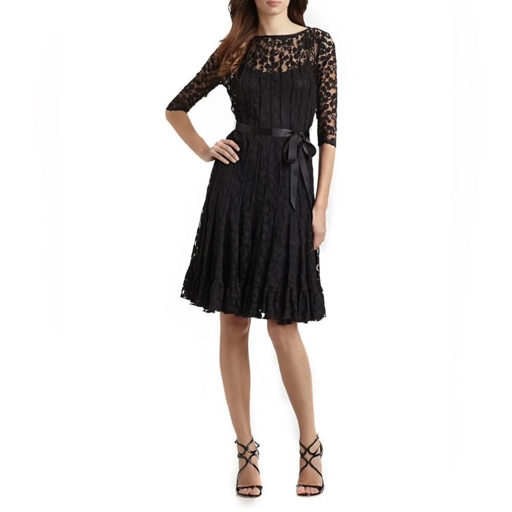 Teri Jon by Rickie Freeman Black Lace Pintuck midi dress size 4